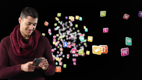 animación de un hombre biracial sonriendo y usando su teléfono inteligente con iconos coloridos flotando en b negro