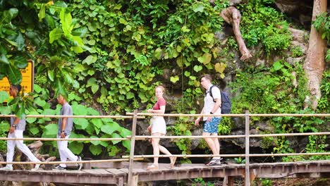 group of people walking on a wooden path