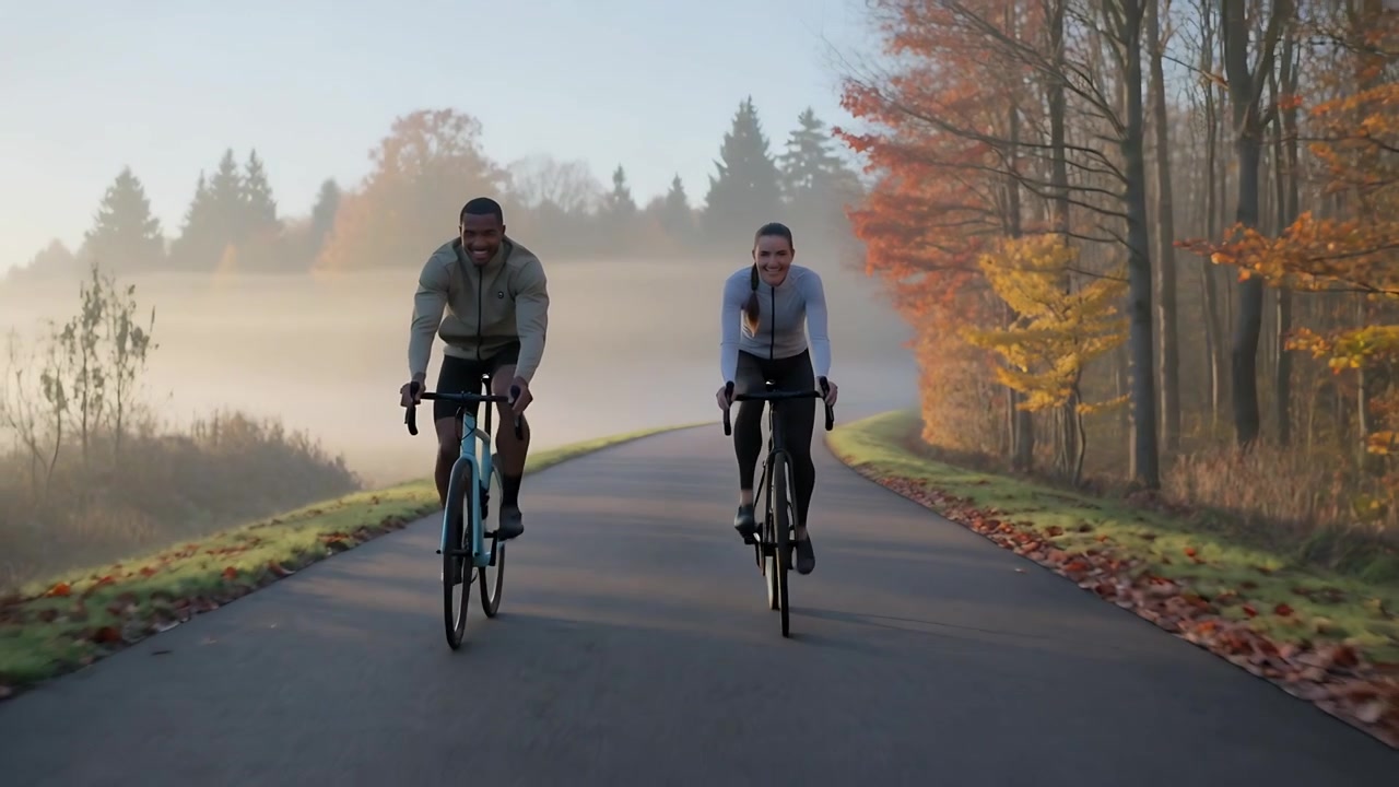 Solopgang med to cyklister, der kører mod kameraet på vejen, iført cykeljakker på cykler til motion.