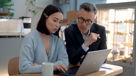 an business woman showing documents on the laptop to a business man at a meeting in a coffe shop 2