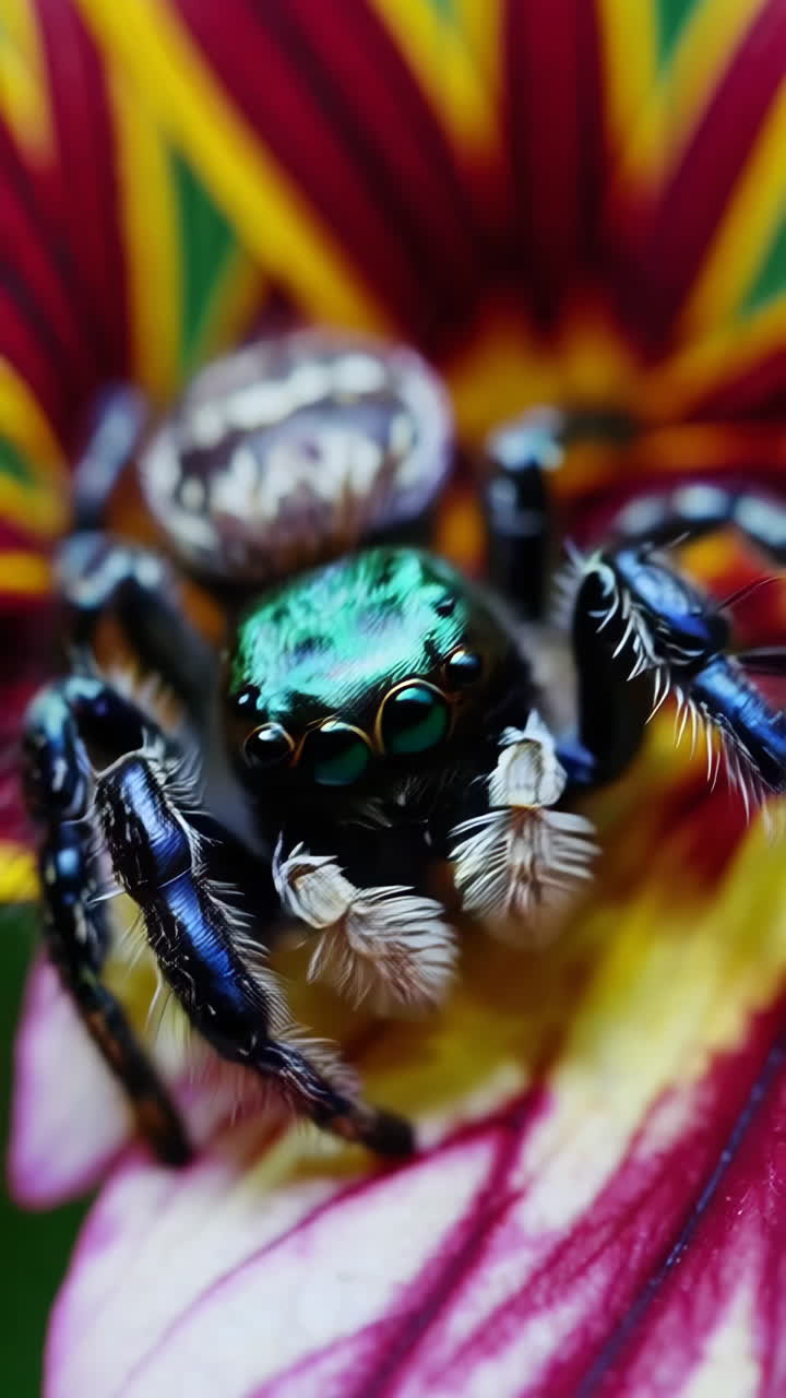 Macro Close-up of a Vibrant Jumping Spider with Iridescent Eyes