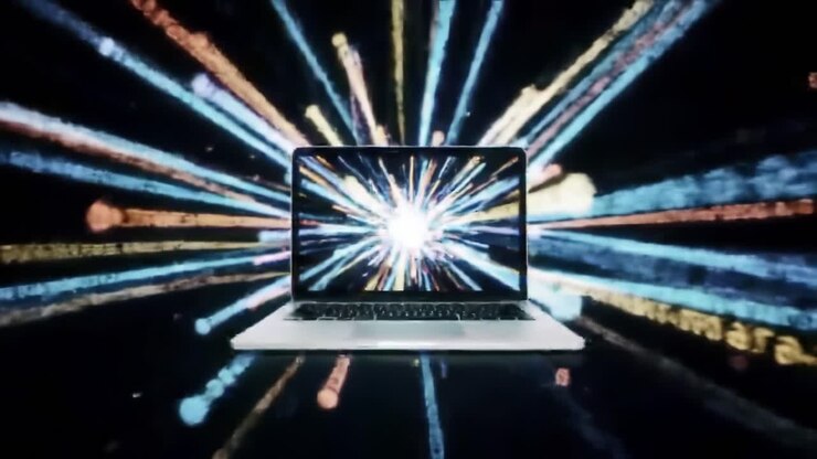 A Dynamic Display of Digital Energy Emanating from a Laptop, Capturing the Intersection of Technology and Visual Spectacle Through Vibrant Light Streams