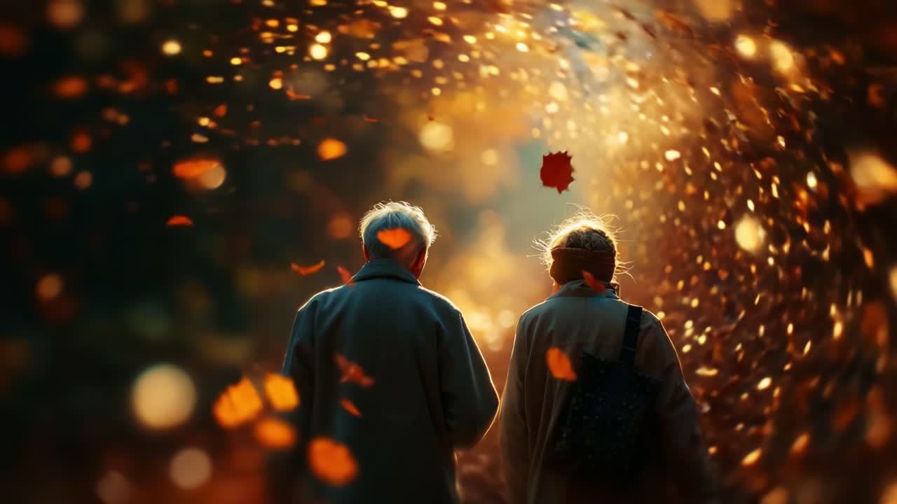 A serene moment captured in autumn as an elderly couple walks hand in hand, surrounded by swirling leaves and warm golden light, evoking a sense of nostalgia and tranquility