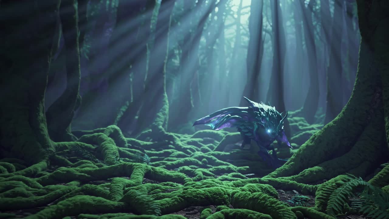 A mystical creature in a dense, moss-covered forest, captured from a low-angle, creating a fantasy