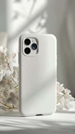 Minimalist smartphone case with floral backdrop, captured at eye level