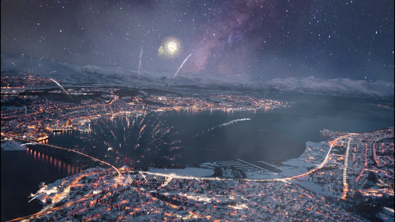 Tromso Townscape with Fireworks Display
