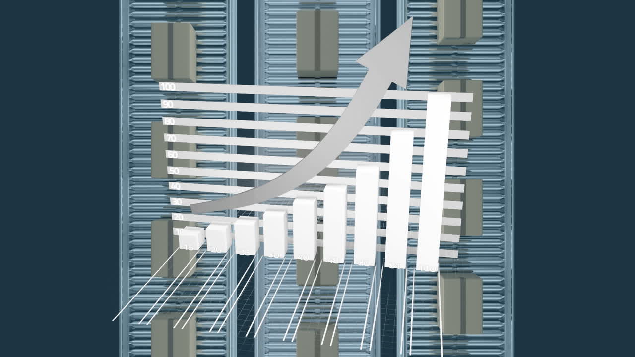 컨베이어 벨트에 있는 카드보드 상자 위에서 통계 처리의 애니메이션