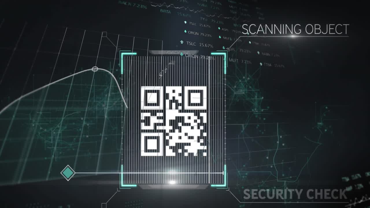 Animation of lights and qr code over financial data on digital screen