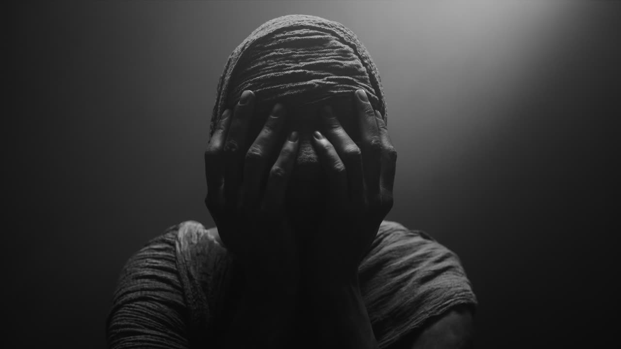 A mummified woman against the dark background in keeps her hands on her face the powerful pose full of despair