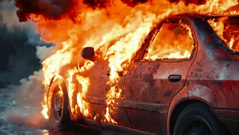 a car is engulfed by flames on the side of the road