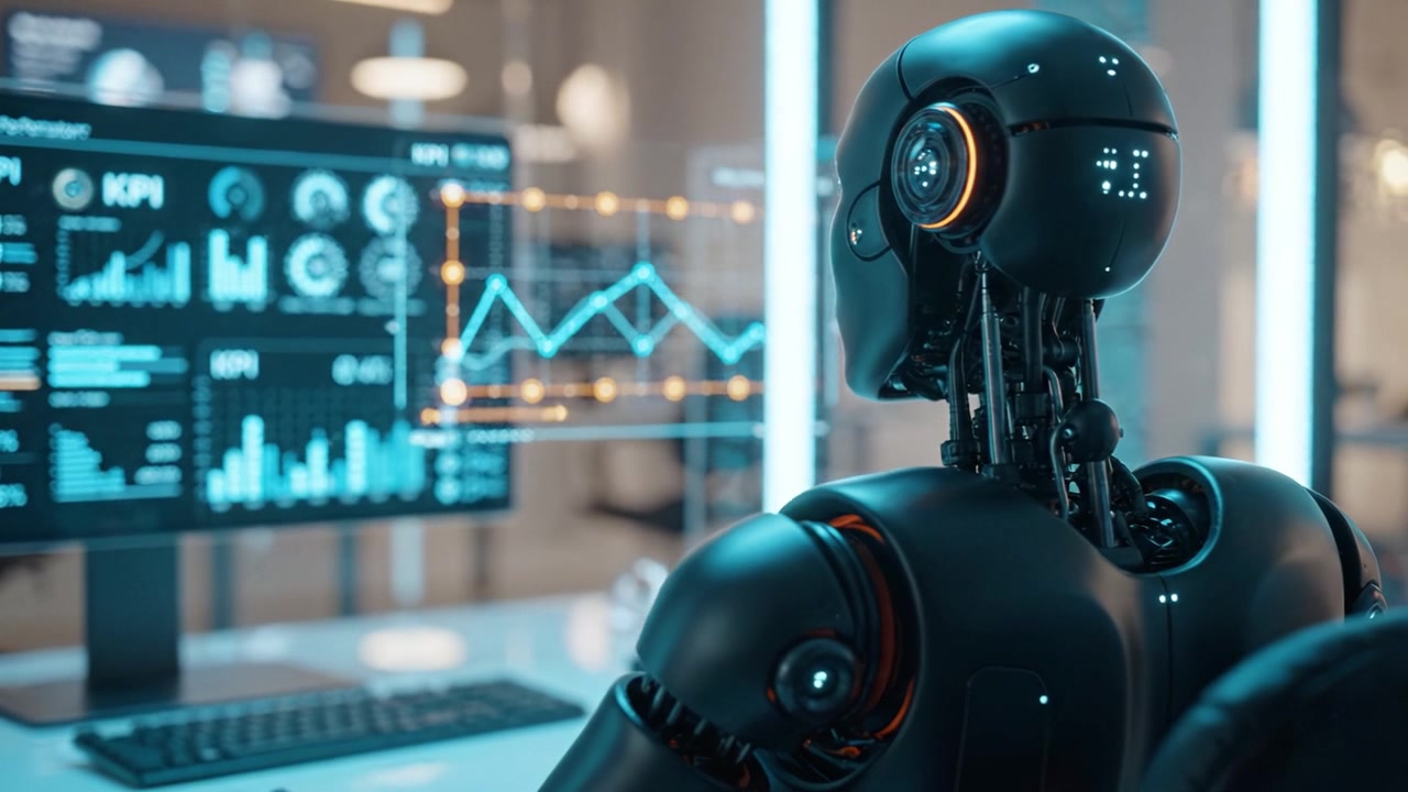 Futuristic Robot Analyzing Data on Computer Screen with Graphs and Metrics in a Modern Workspace for AI Research and Development Insights