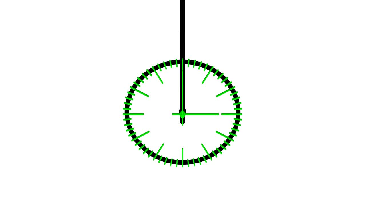 Animation of timelapse of black pendulum with green clock face.