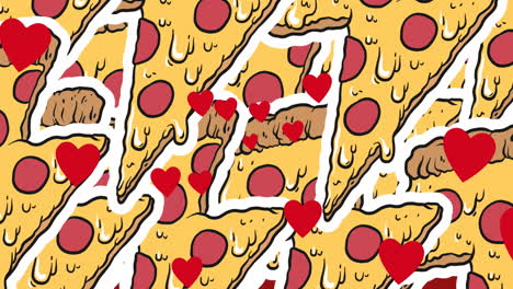 varios iconos de corazón rojo flotando contra varios iconos de rebanadas de pizza en fondo rojo