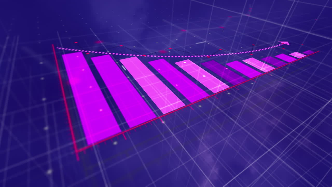 animación del procesamiento de datos financieros sobre una cuadrícula sobre un fondo púrpura.