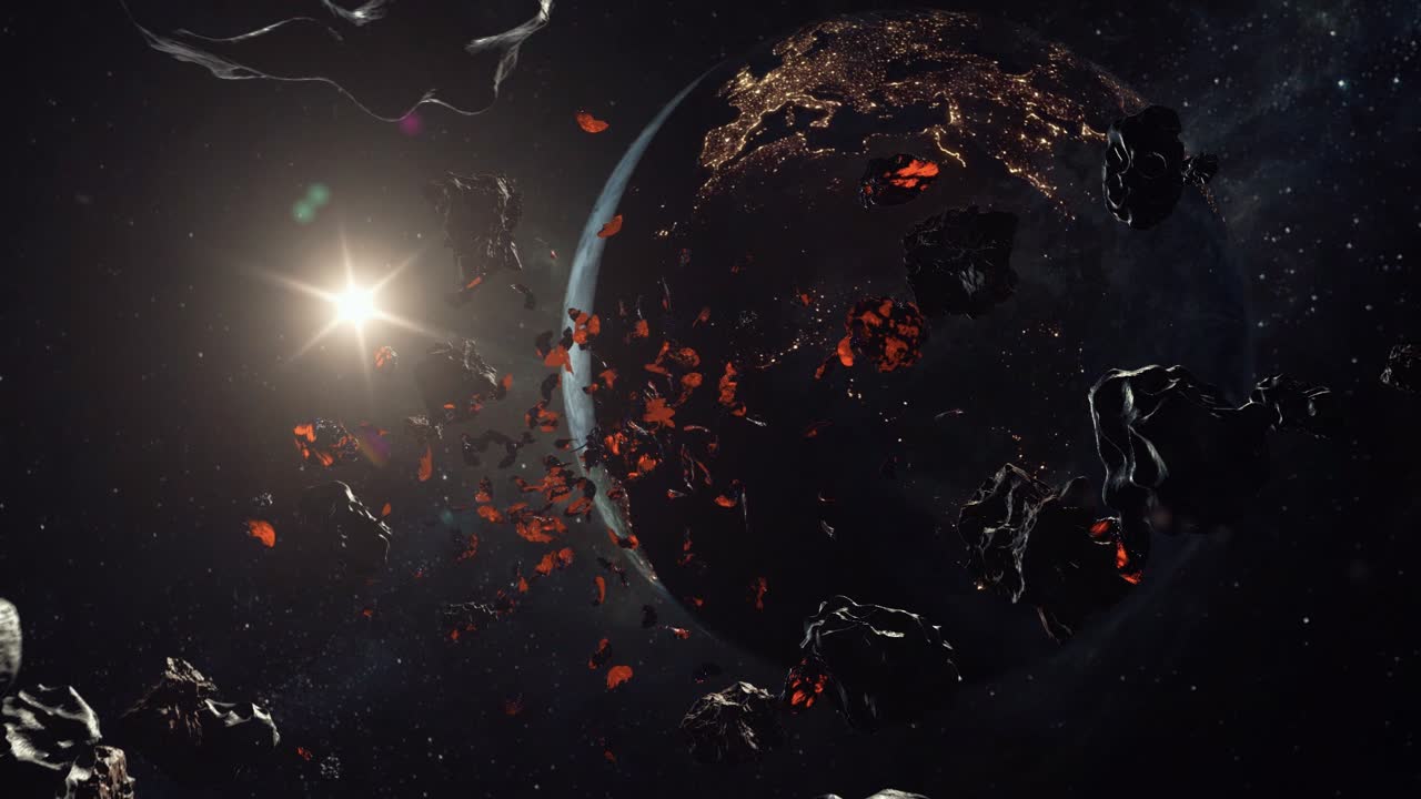 Realistic destruction scene of Meteors and asteroids shower on Earth, view from space, great for sci fi and astronomy related videos