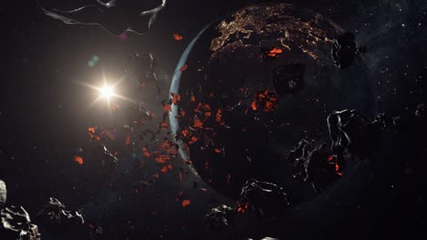 escena de destrucción realista de lluvia de meteoritos y asteroides en la tierra, vista desde el espacio, excelente para videos relacionados con la ciencia ficción y la astronomía