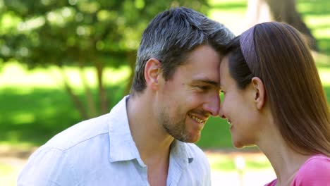 Romantic-couple-sitting-on-a-park-bench-face-to-face