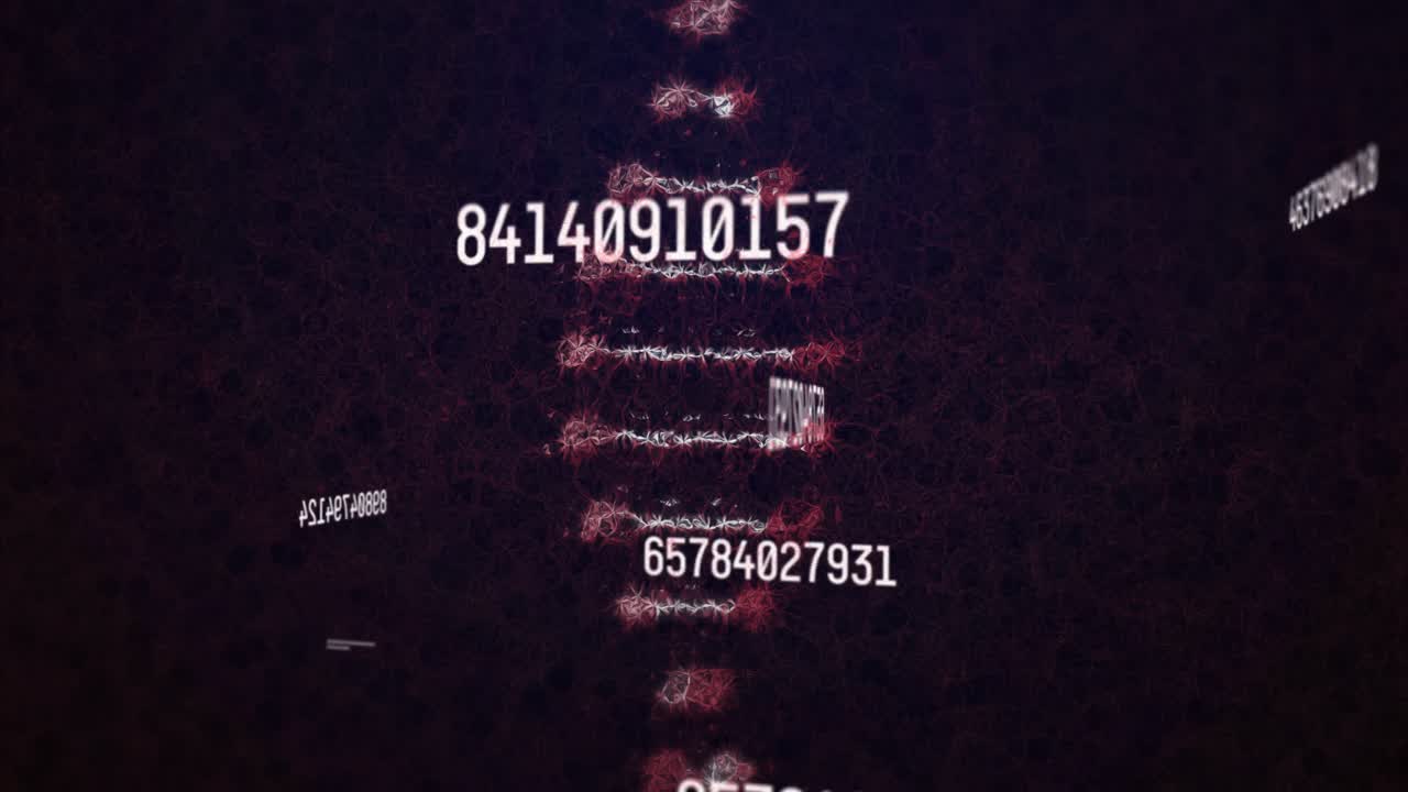 Glowing numeric sequences stacking in virtual tech display, showing red pixel bars connecting data