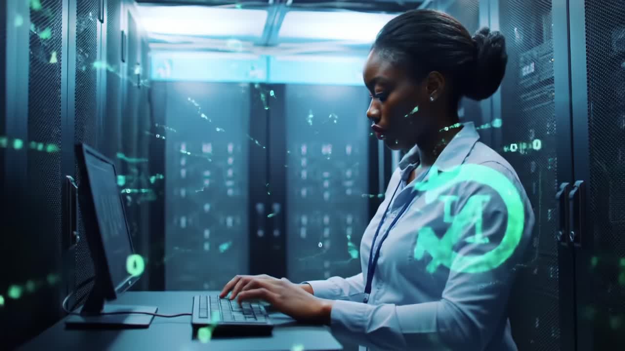 A focused data analyst works diligently in a high-tech server room, surrounded by green digital symbols, as she processes information and ensures smooth data management