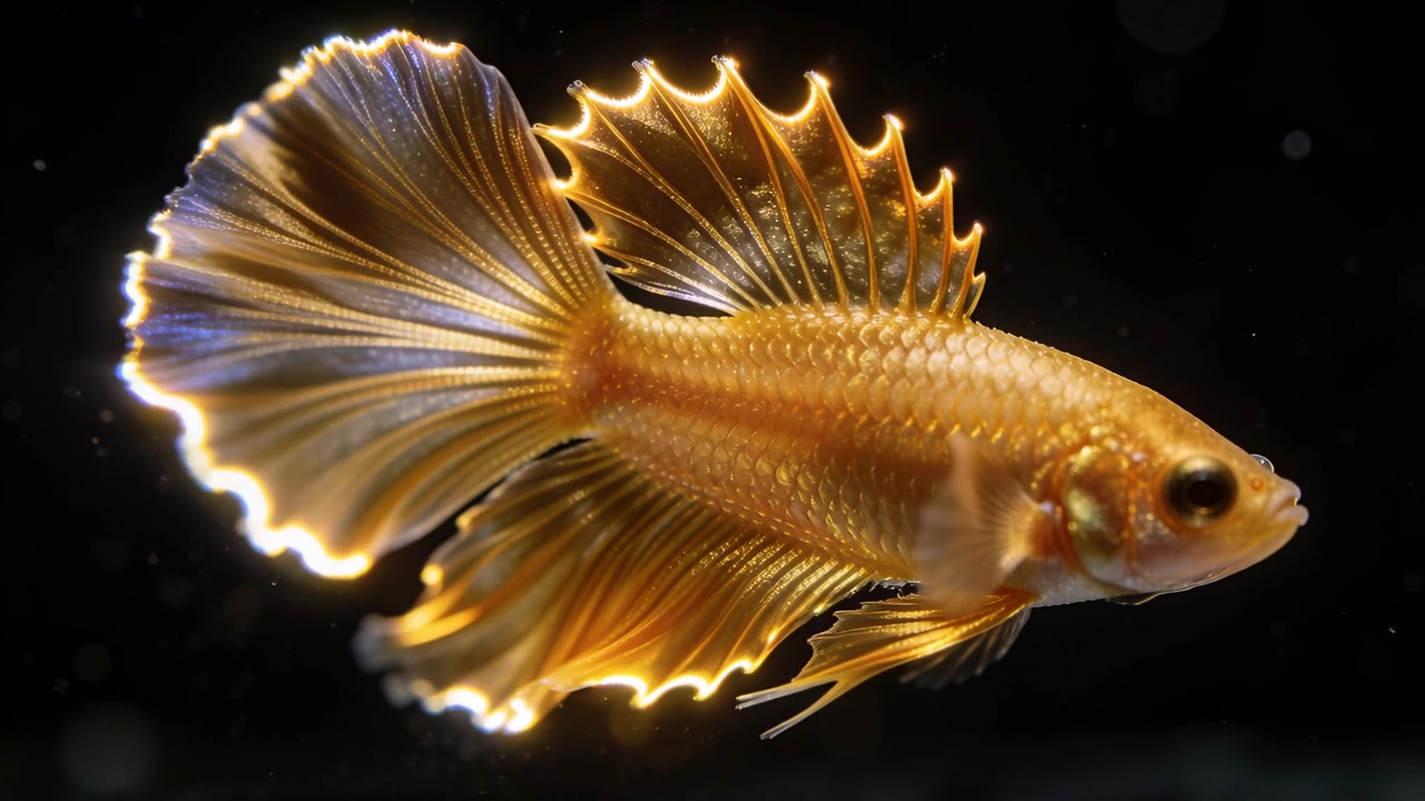 Luz de contorno ativando, betta dourado ondulando as barbatanas e movendo-se em aquário preto revelando microbolhas.