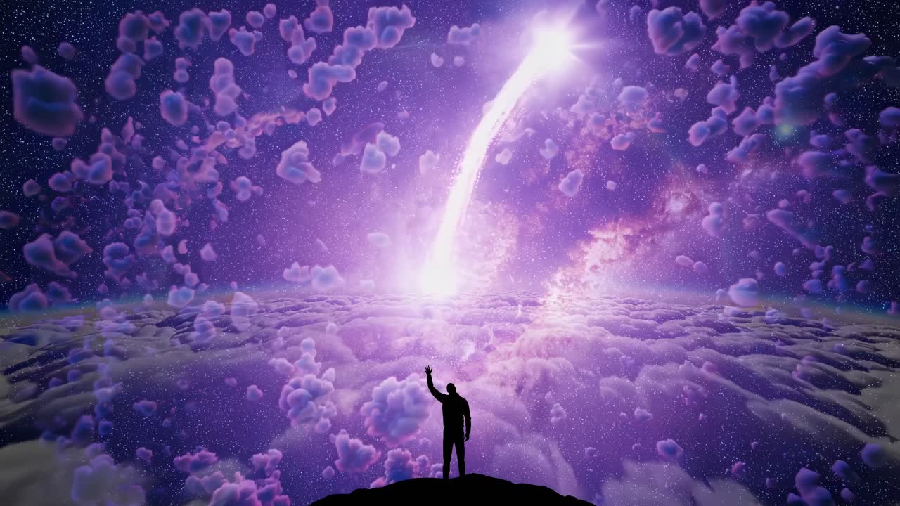 Una scena video cosmica con una silhouette in piedi sopra le nuvole, che osserva un pianeta e delle meteore