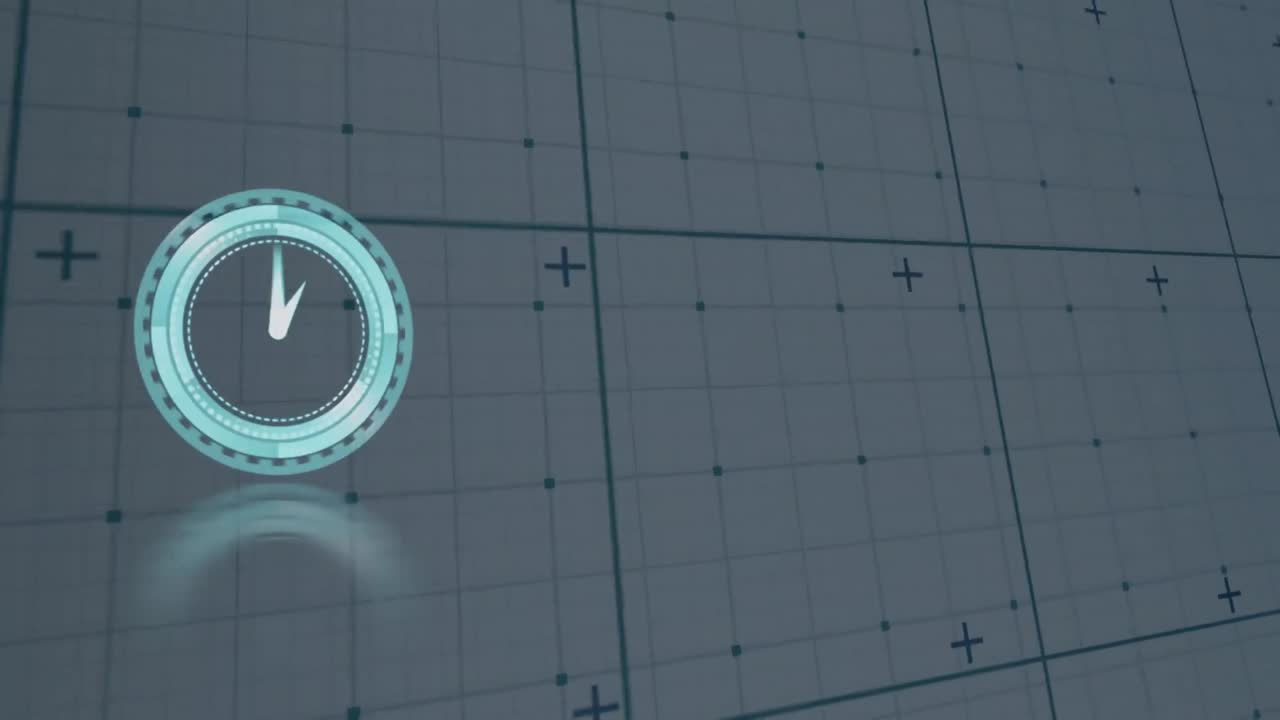 디지털 그리드 위에서 빠르게 움직이는 시계의 애니메이션