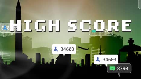 animation of high score text in white pixels, with social media notifications over cityscape