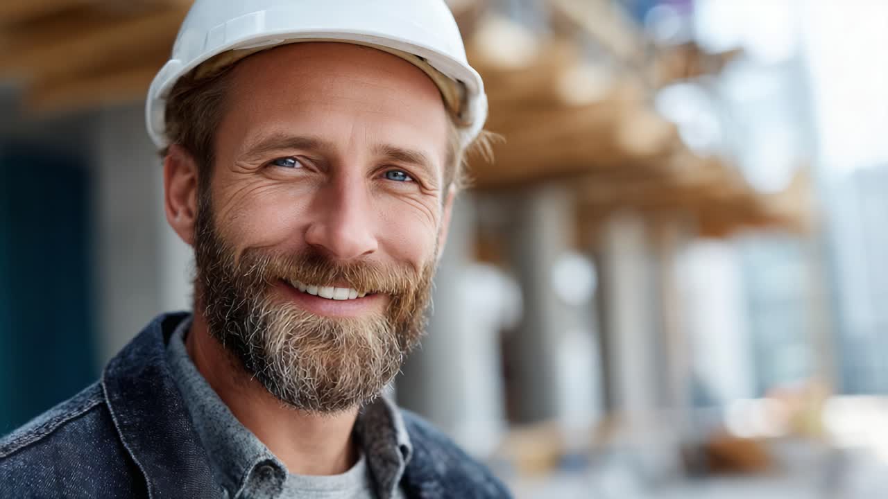 Confident Construction Worker Smiling on Site with Safety Gear in Background, Showing Professionalism and Commitment to a Safe Work Environment