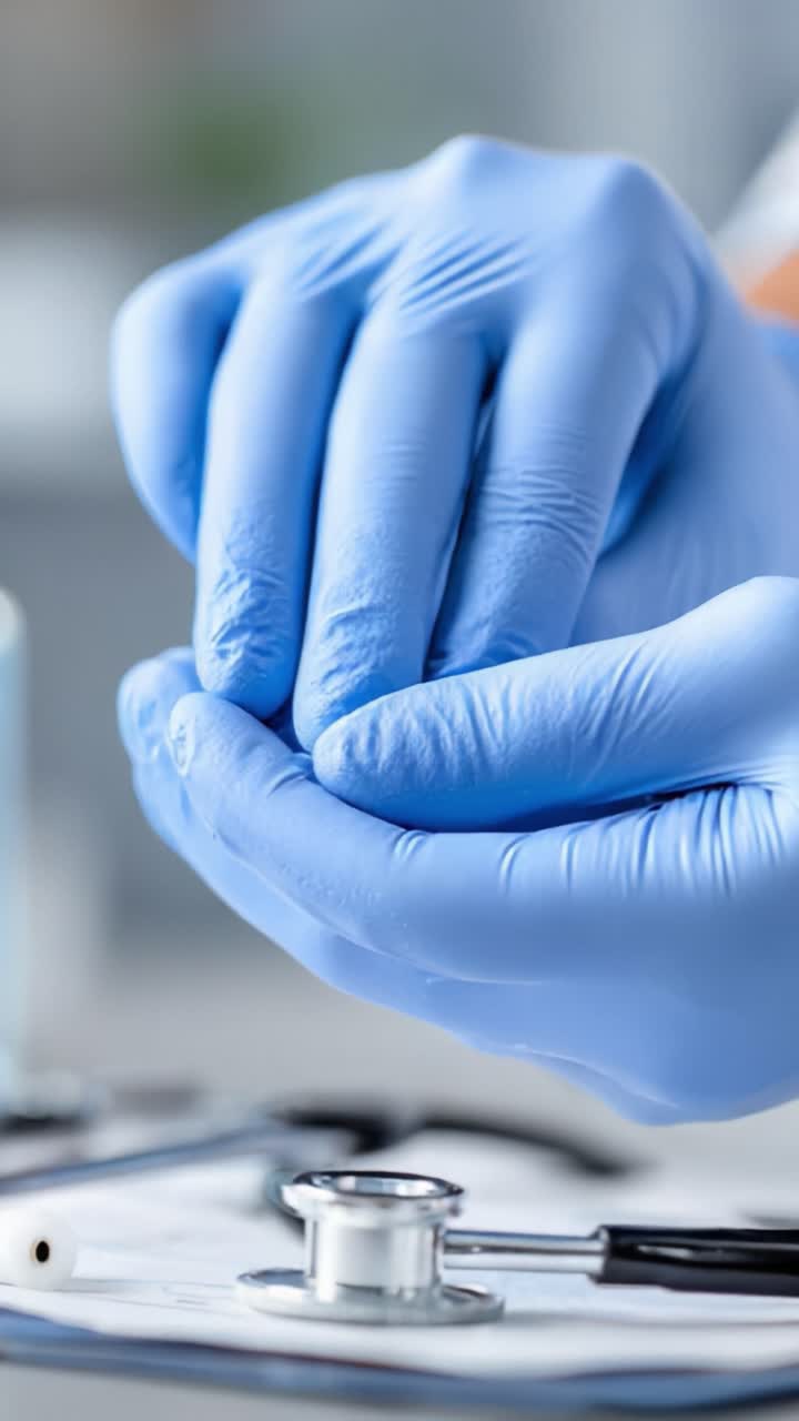 Close-up de mãos de profissionais da saúde com luvas azuis se preparando para examinar um paciente, demonstrando higiene adequada e profissionalismo em ambientes de assistência médica