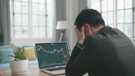 asian businessman wearing business suit being upset after seeing stock prices fall in the trading on computer screen while working at home.