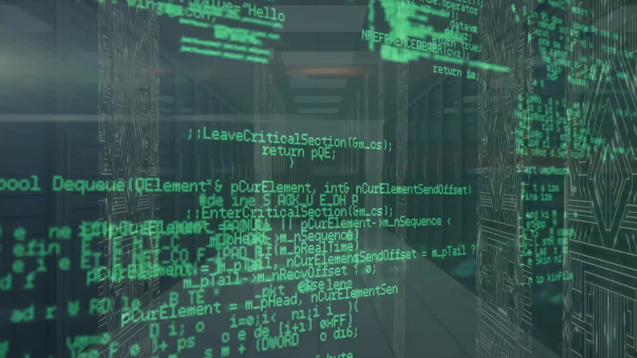 animação de processamento de dados e telas de rede de conexões contra a sala de servidor de computador