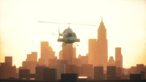 Silhouette-helicopter-at-city-scape-background