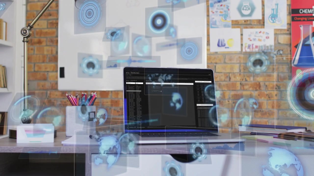 Laptop displaying terminal and emitting HUD icons, occluding desk and visualizing analytics data