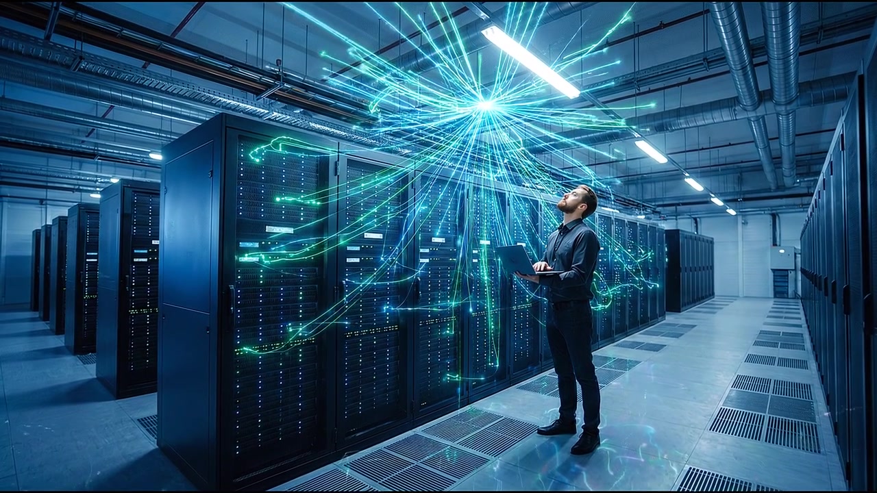 Futuristic server corridor with specialist overseeing technology systems and operations