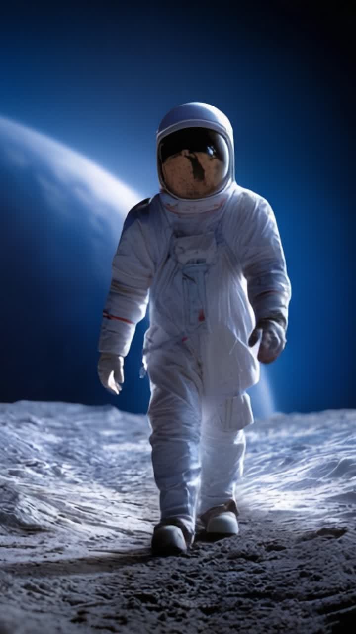 An Astronaut Walking on the Moon's Surface with Earth in the Background, Captivating in the Vastness of Space and the Wonders of Human Exploration