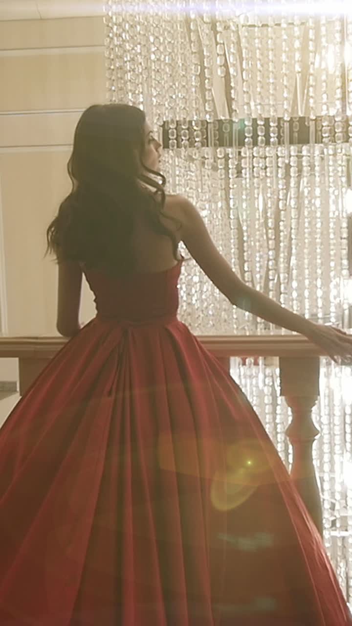 Woman in a Red Ball Gown, Elegant Interior