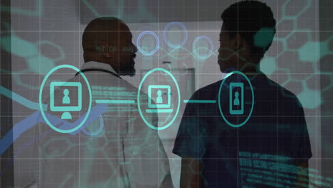 animation of media icons and medical data over african american female and male doctor talking