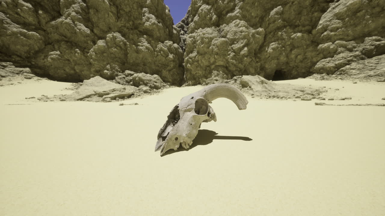 Animal skull rests on sandy ground between rocky formations in dry landscape