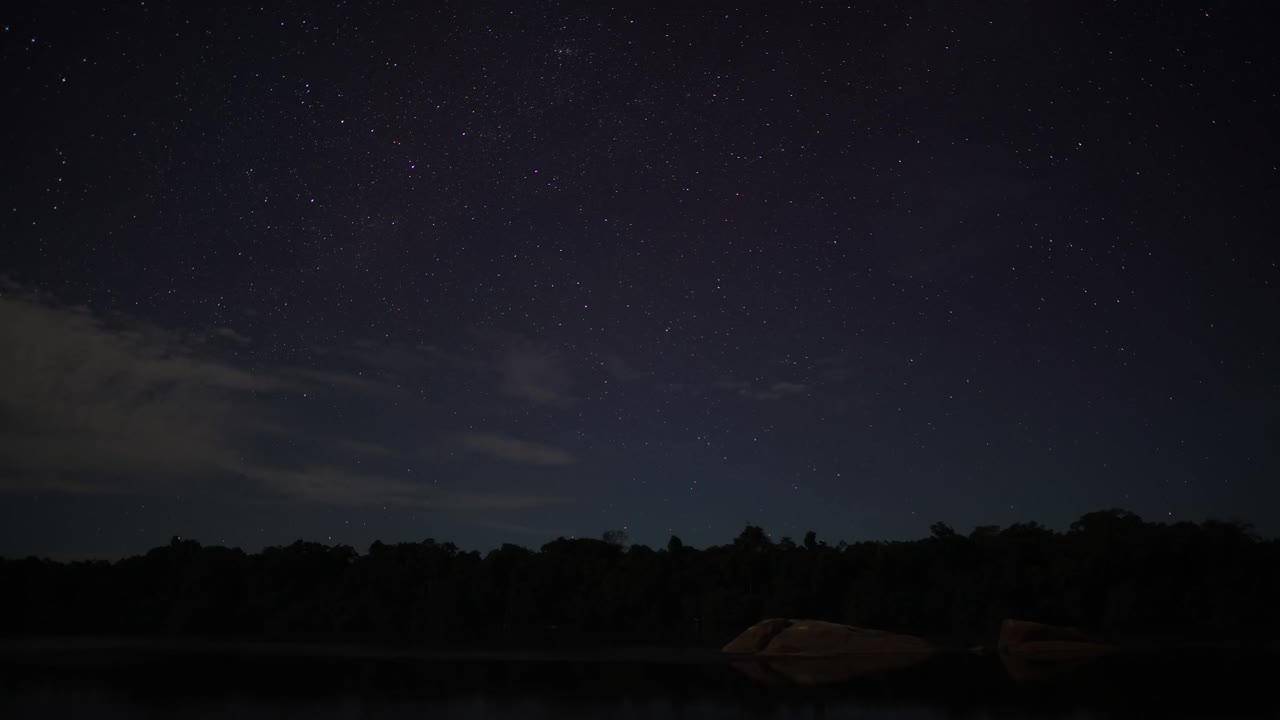 A wide view in Timelapse of the stars and the Orinoco River from the Amazon Rainforest in Venezuela