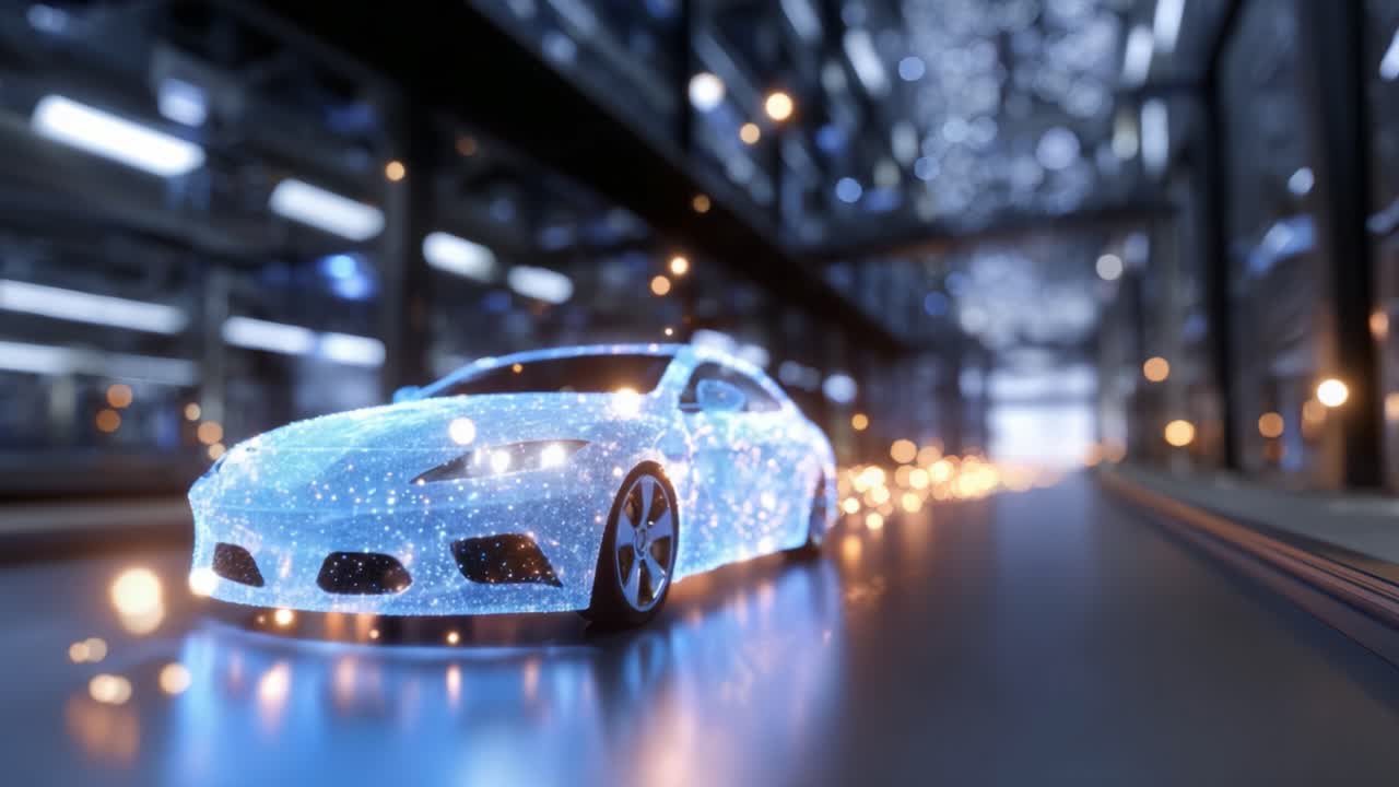Auto futuristica e scintillante che si muove in un ambiente high-tech, illuminata da una costellazione di luci, che mette in mostra il design avanzato e l'innovazione nella tecnologia automobilistica