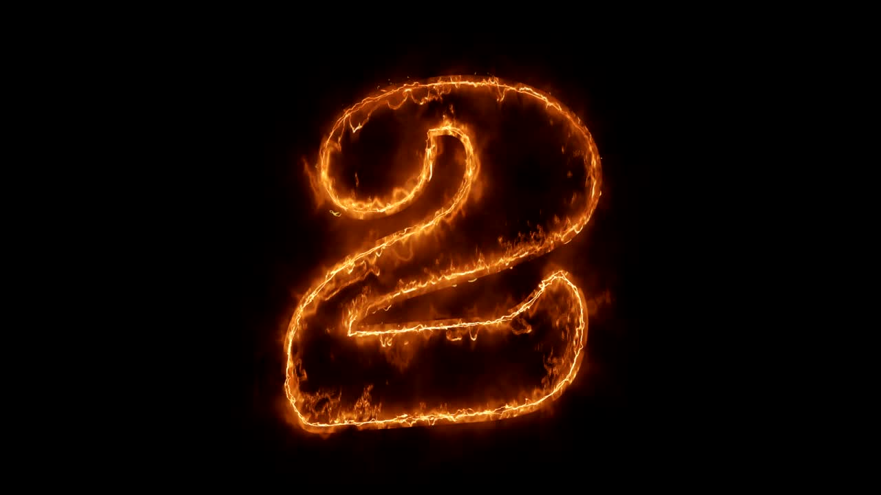 número 2 palabra animada caliente quema ciclo de llama de fuego realista.