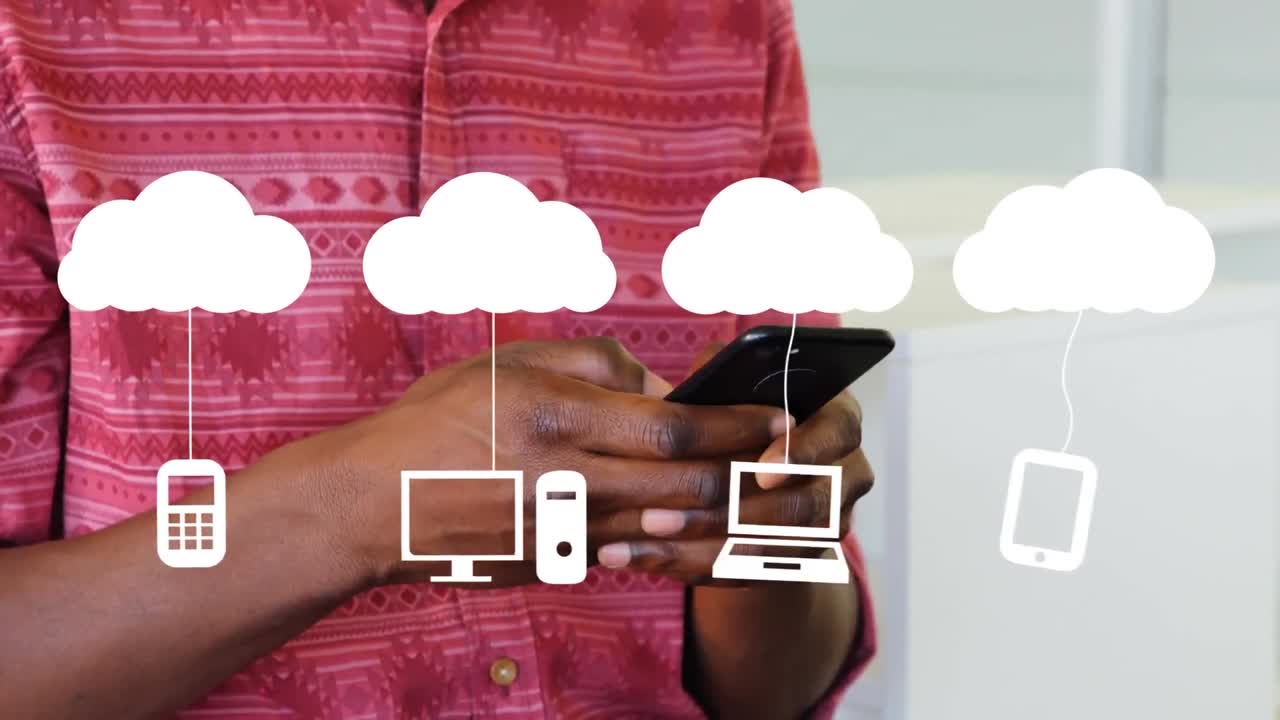 Animation of network of digital clouds and icons over man using smartphone in office