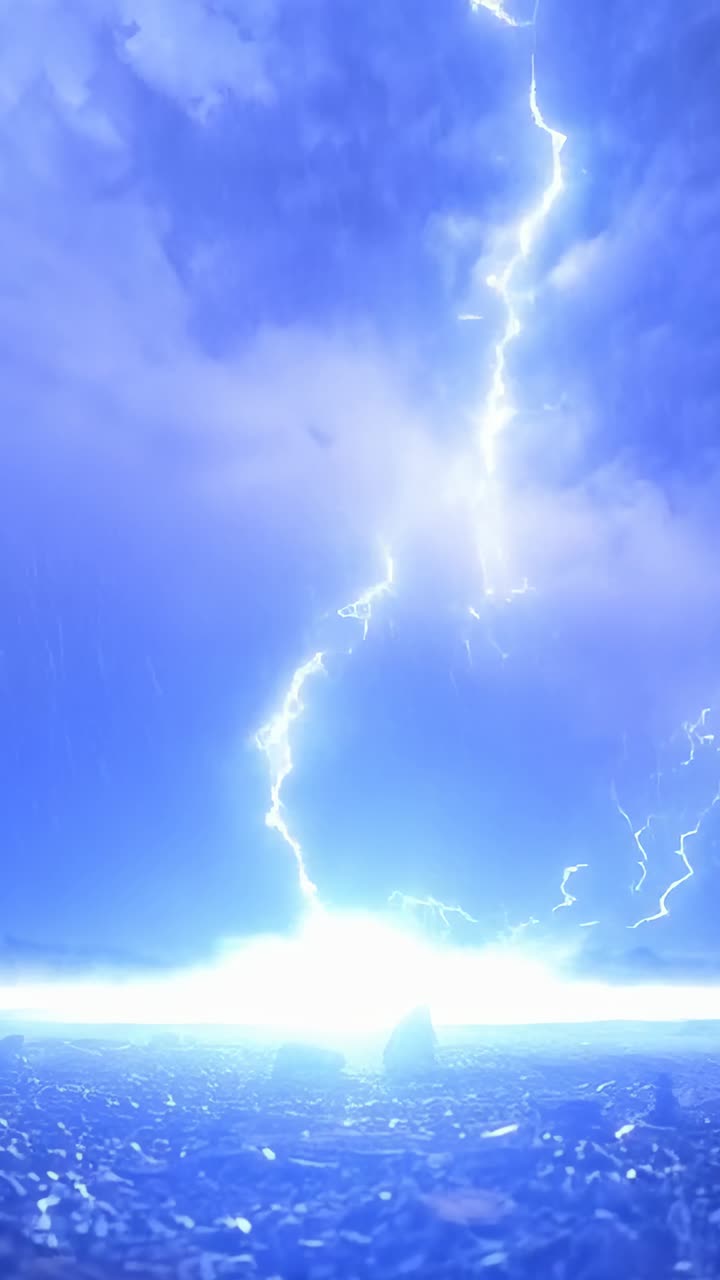 Vertical video: Sending lightning low cloud bank lighting pebbles on shore and shading pointed rock