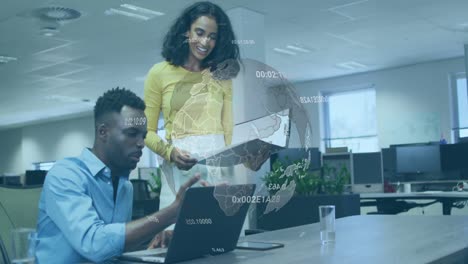 animation of globe over diverse business people in office