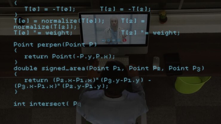Animation of data processing over diverse doctor and man on laptop consulation