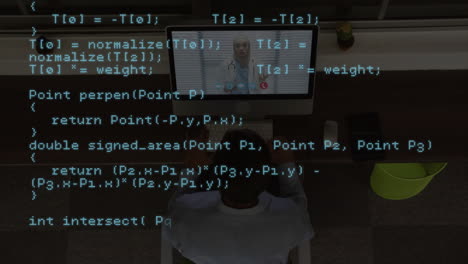 Animation of data processing over diverse doctor and man on laptop consulation