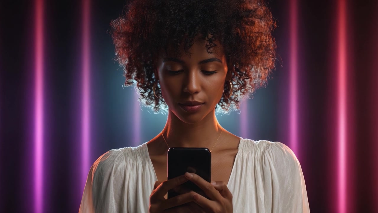 Una donna con i capelli ricci è concentrata sul suo smartphone, circondata da un'illuminazione vivace, che riflette la tecnologia moderna e l'influenza della comunicazione digitale.