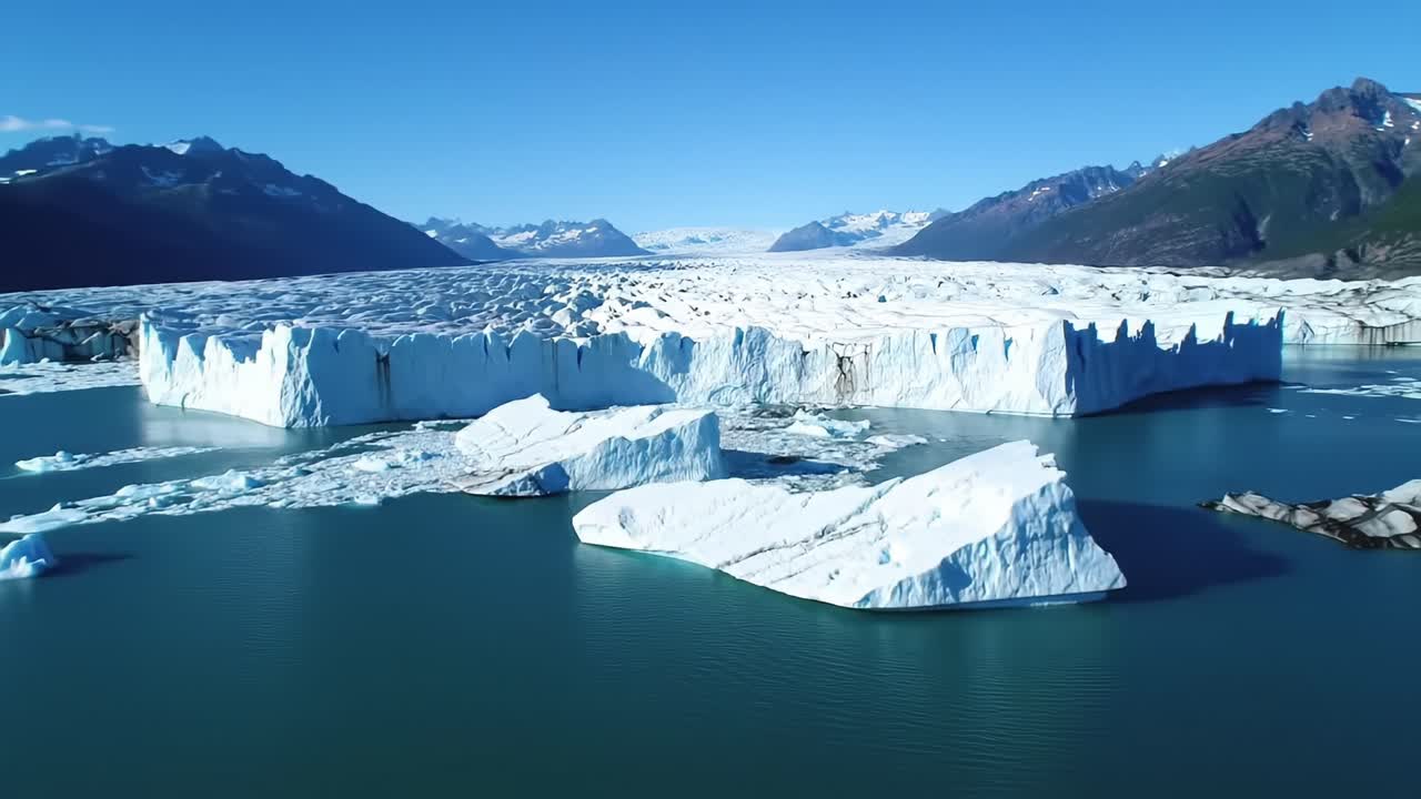 A Stunning Aerial View of Serene Glacial Landscape with Icebergs and Mountain Reflections in Crystal Clear Water Under Bright Blue Skies
