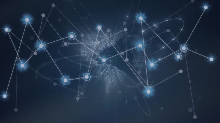 Animation of network of connections with light spots over globe on black background