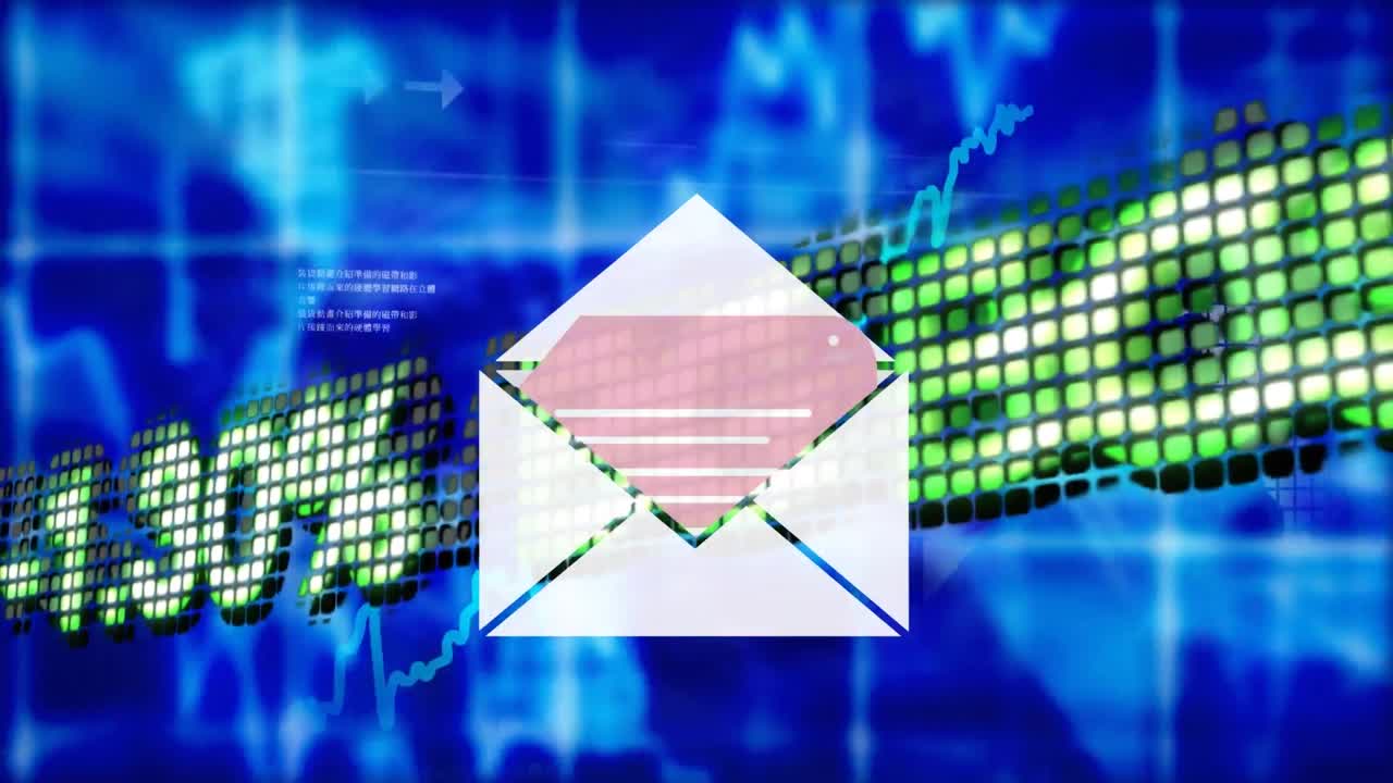 animación del icono del sobre sobre el procesamiento de datos financieros con estadísticas